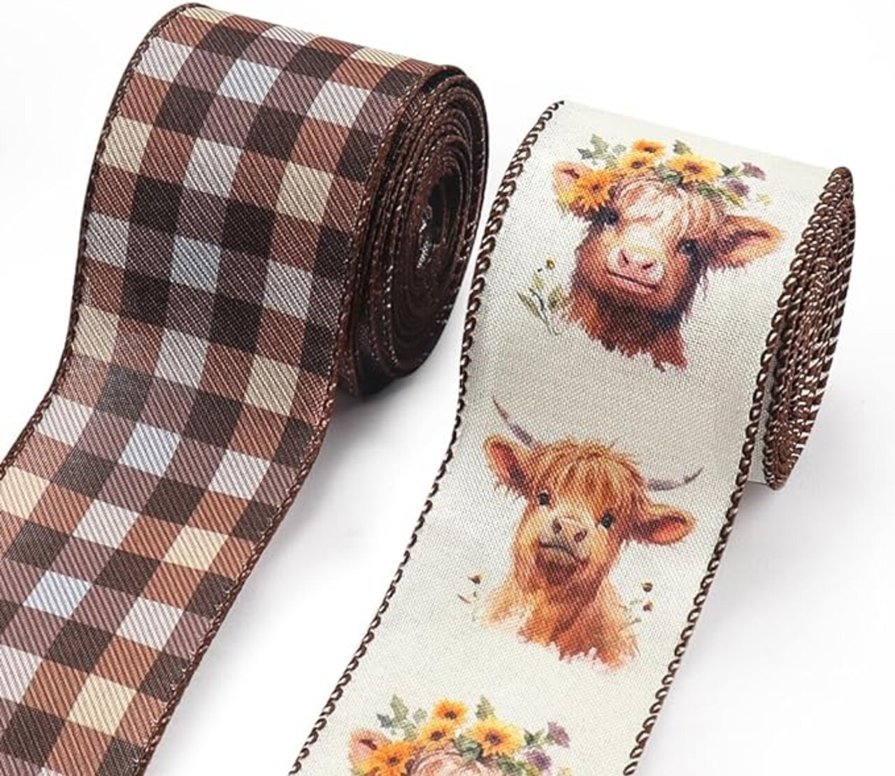 2 Rolls of Fall Ribbons for Crafting, Thanksgiving Wired Edge Ribbon Natural Buffalo Plaid Ribbon Bow Autumn Calf Farmhouse Burlap Ribbon for Gift Wrapping Fall Thanksgiving Decoration Supplies